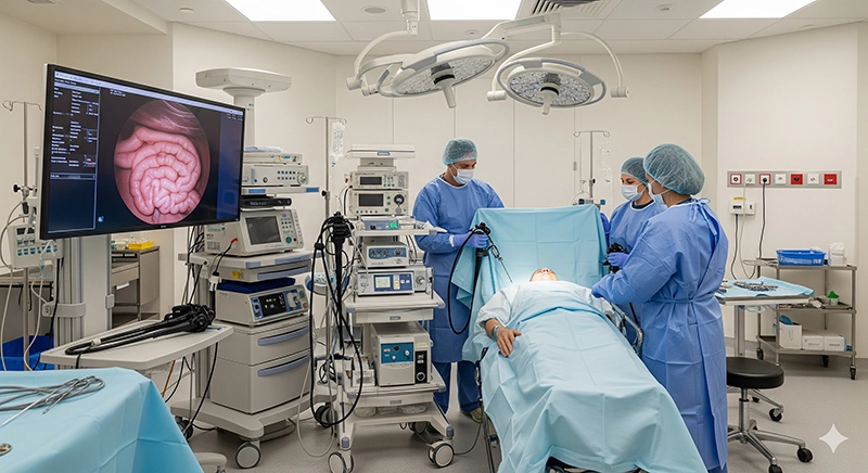Colonoscopy procedure room with medical equipment