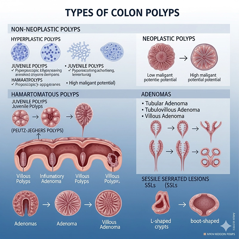 Different types of colon polyps in colonoscopy