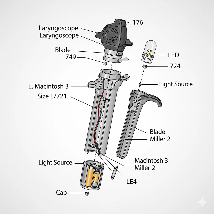 Laryngoscopy definition with laryngoscope parts