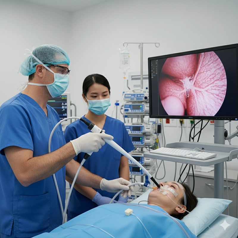 Doctor using disposable endoscope in ICU hospital patient examination