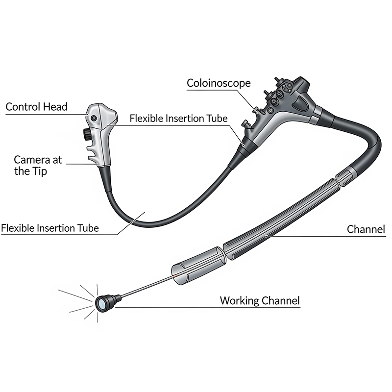 Colonoscope diagram showing insertion tube, video camera, and working channels