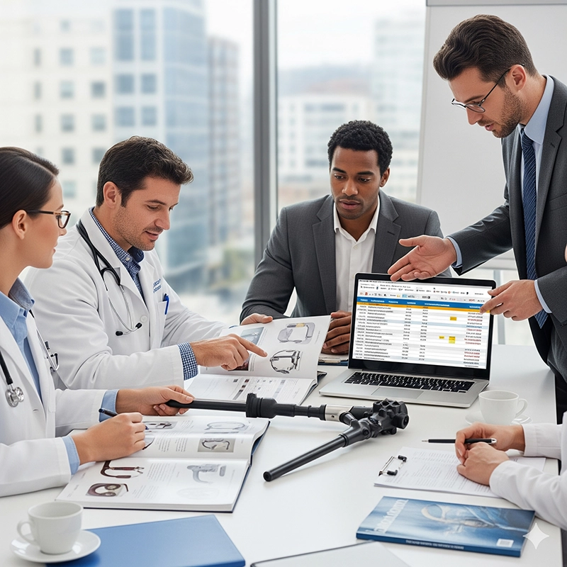 Hospital procurement team reviewing colonoscope price and options