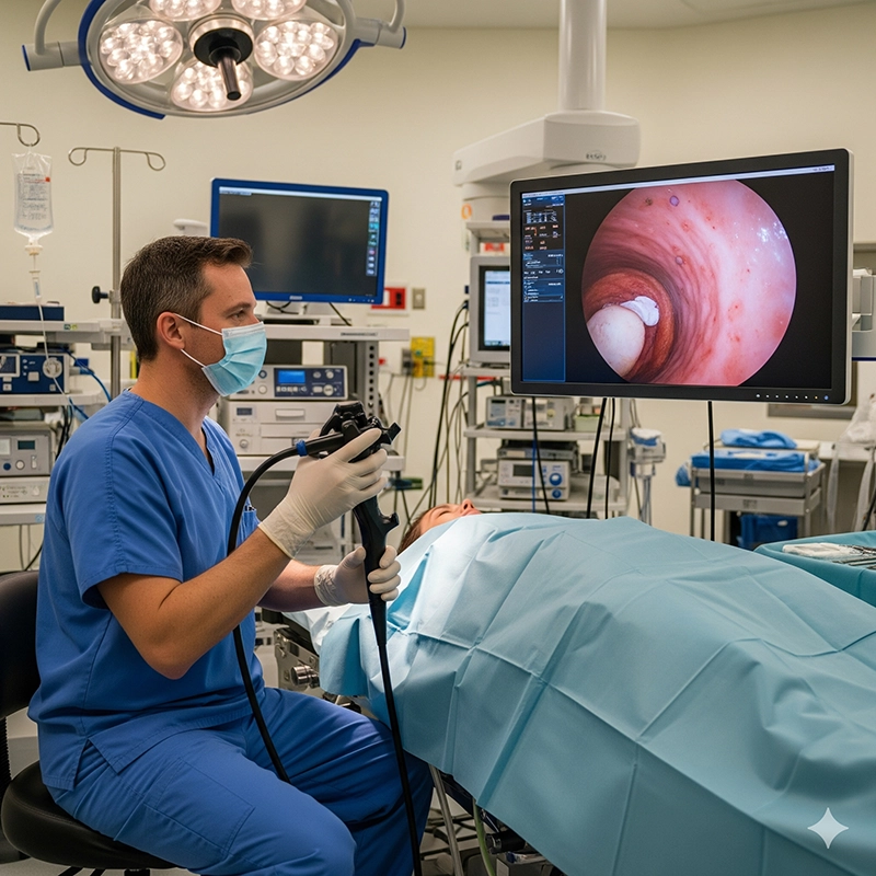 Doctor performing colonoscopy with 4K colonoscope