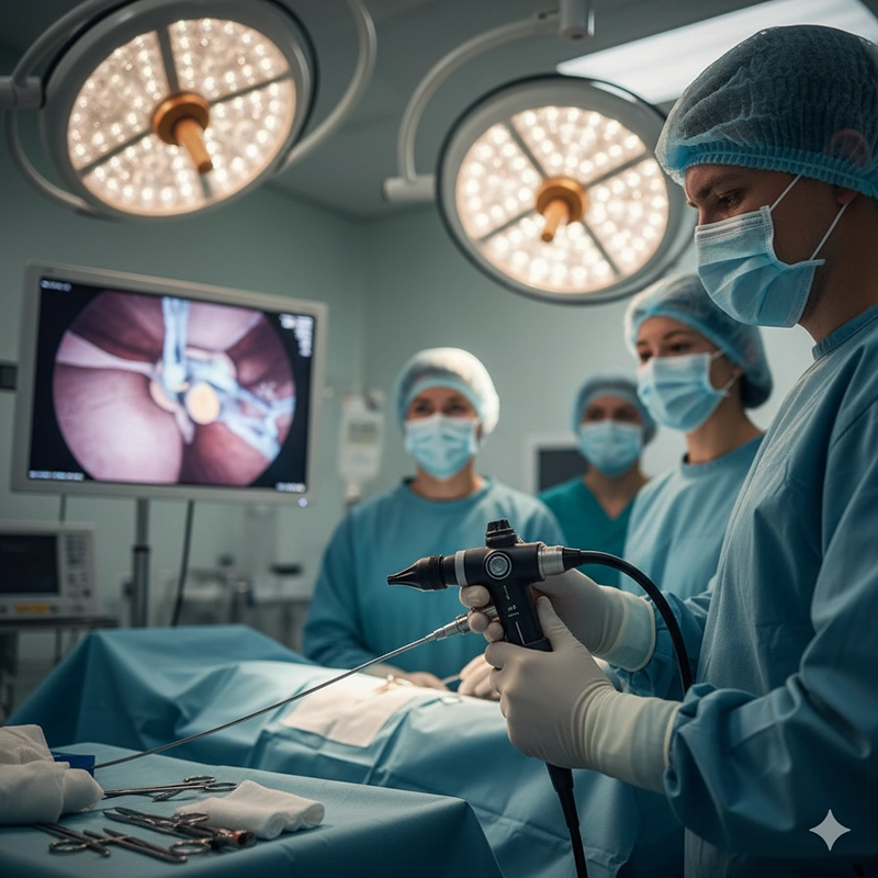 Doctors using endoskop system in surgical operating room