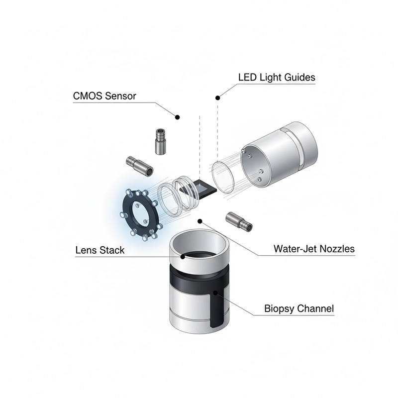 video colonoscope distal tip components diagram