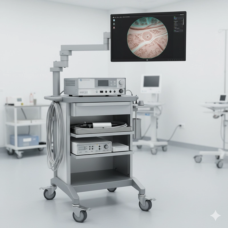 colonoscope machine and processor stack on hospital cart