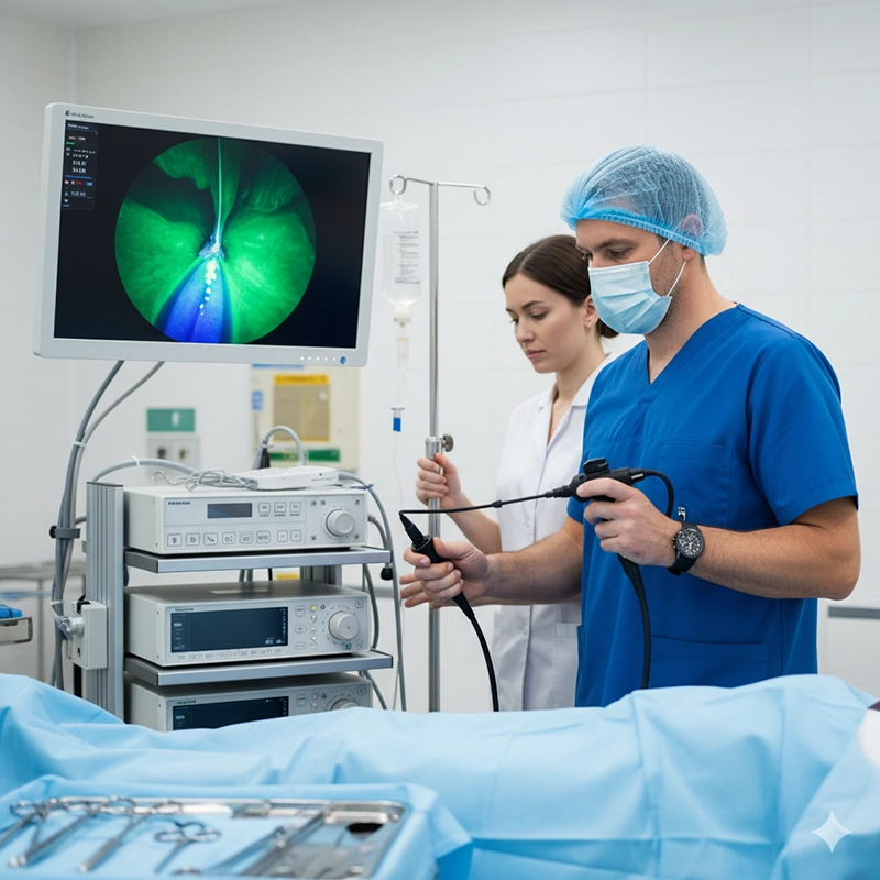 Flexible cystoscope size being used in uroscopy procedure