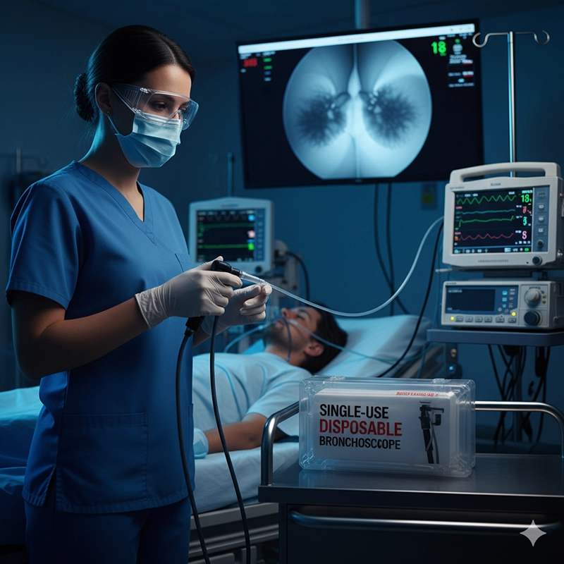 Doctor performing airway exam with disposable bronchoscope
