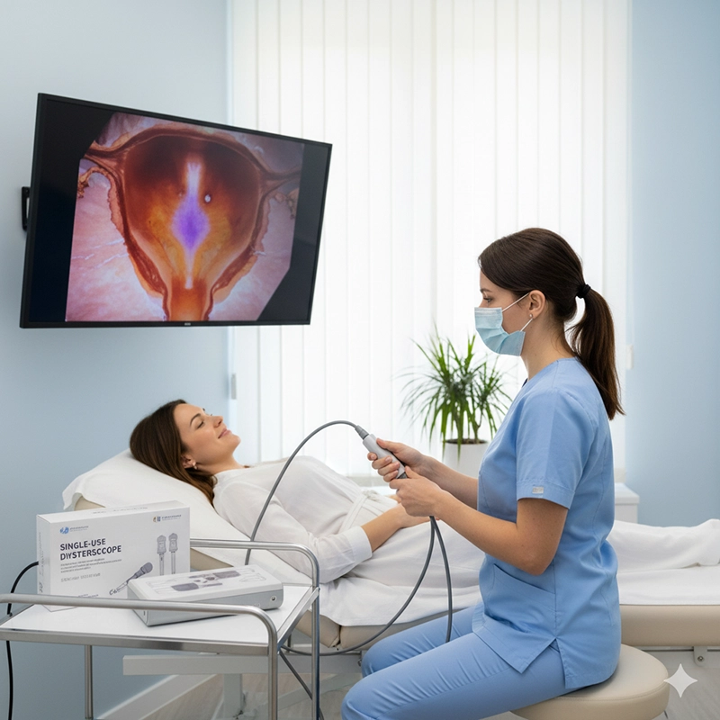 Gynecologist using disposable hysteroscope for uterine exam