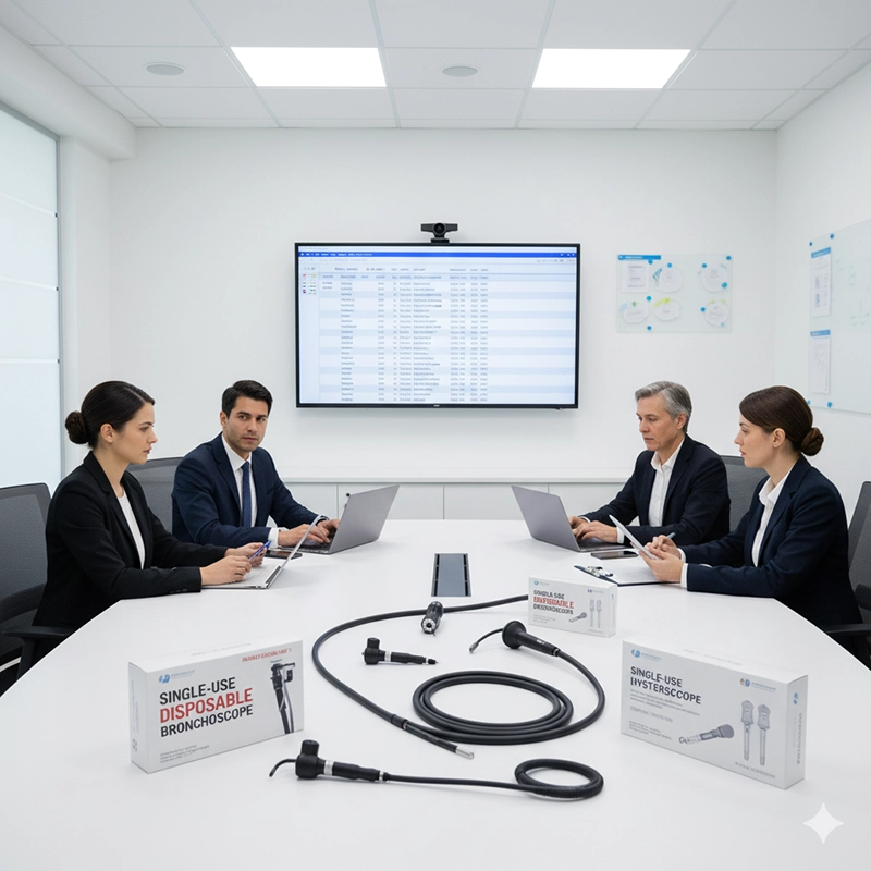 Hospital procurement team reviewing disposable endoscope options
