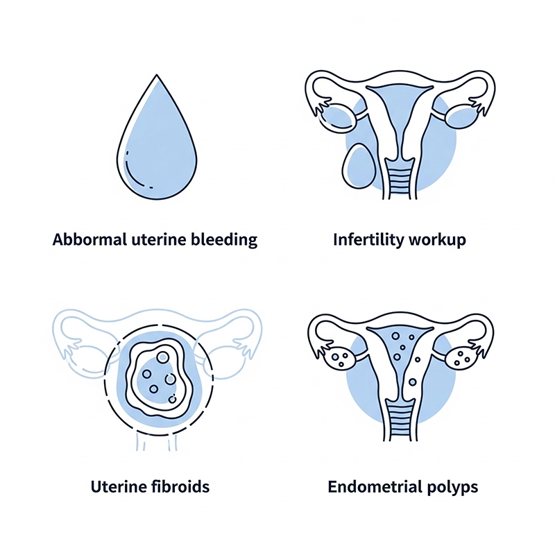 Indications for hysteroscopy including abnormal bleeding, infertility, fibroids, and polyps