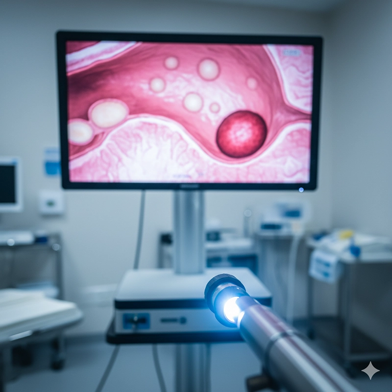close-up of hysteroscope showing uterine lining abnormalities