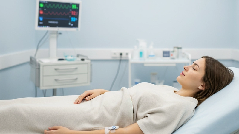 patient recovering after hysteroscopic procedure in medical environment