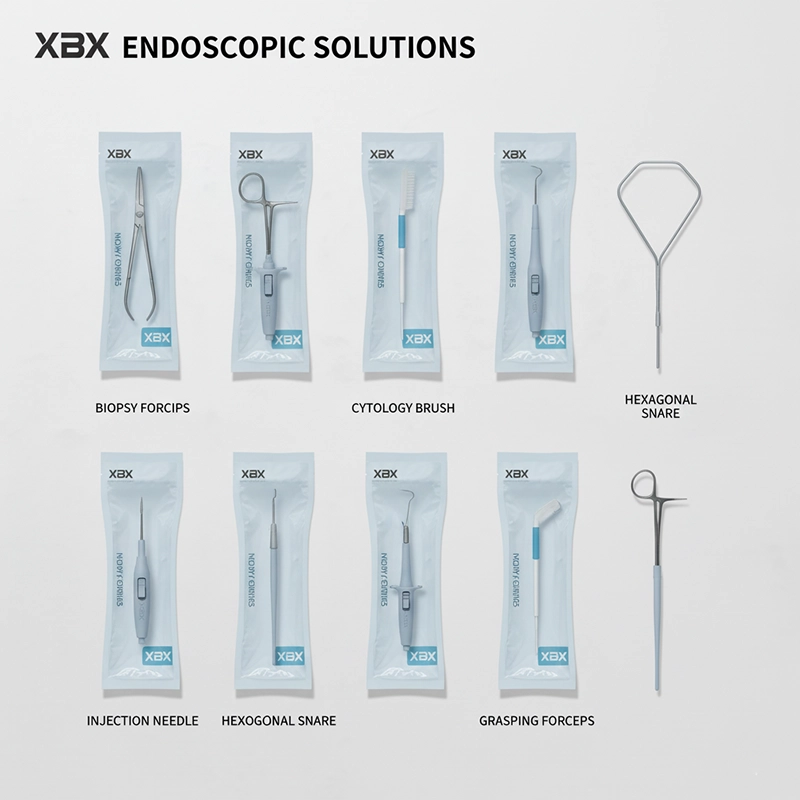 Infographic comparing the complex reprocessing cycle of reusable instruments versus the safety and simplicity of sterile, single-use XBX endoscopic tools