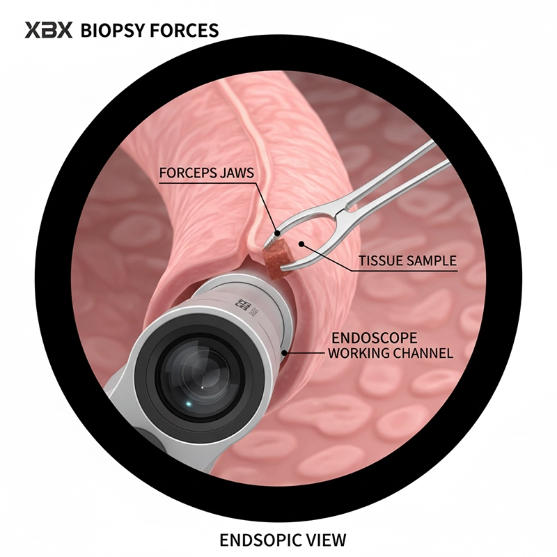 Medical illustration of an XBX single-use biopsy forceps obtaining a tissue sample during an endoscopic procedure