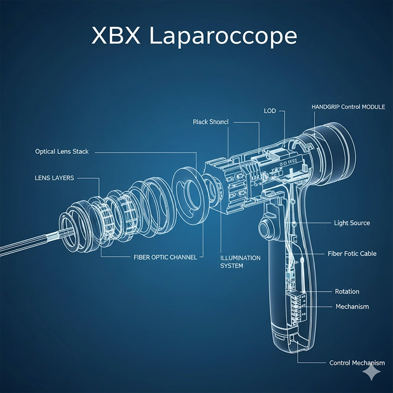 3D cutaway rendering of XBX laparoscope optical and lighting system